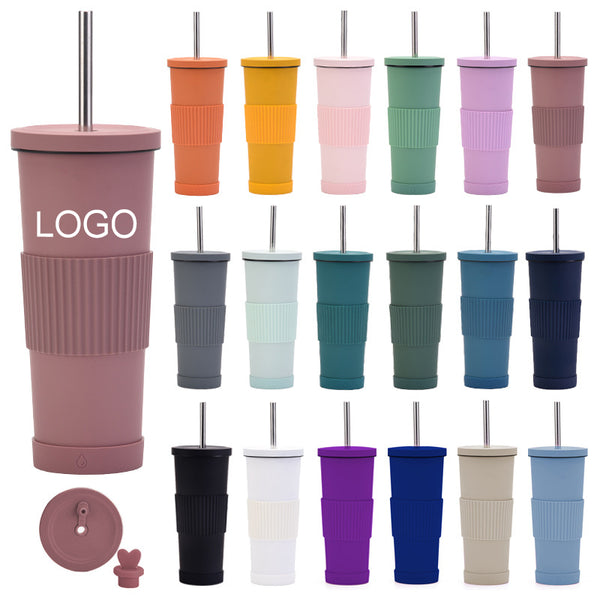 Stainless Steel Double Layer Straw Cup With Non Slip Sleeve