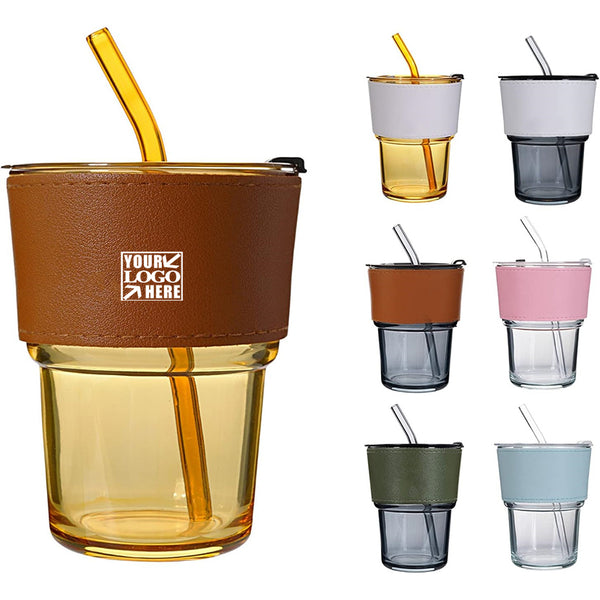 Portable Glass Cup with Straw and Leather Cover