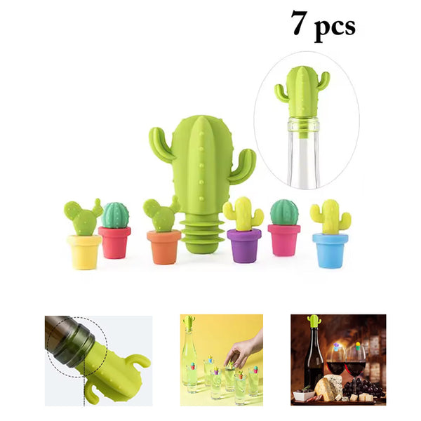 Cactus Silicone Wine Bottle Stopper with Cup Tags 7pcs